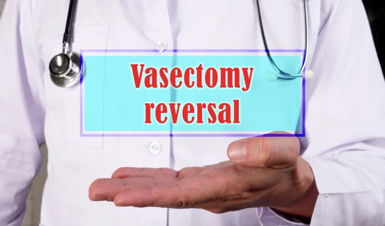 Doctor in lab coat displaying vasectomy reversal icon.