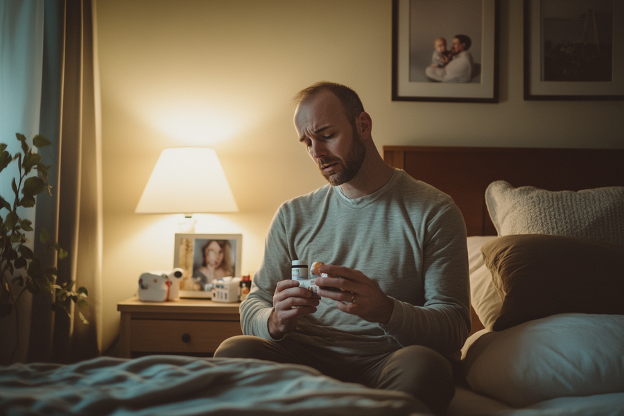 A mid-30s man with a receding hairline sitting on the edge of a bed holding a small bottle of supplements in one hand while looking thoughtfully at a mirror. There's a visible expression of concern or contemplation on his face.