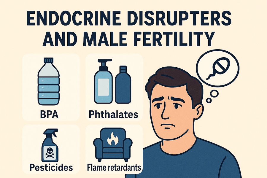 Icons for BPA, phthalates, pesticides, and flame retardants next to a concerned man with a sperm icon thought bubble, with the text: "Endocrine Disrupters and Male Fertility".