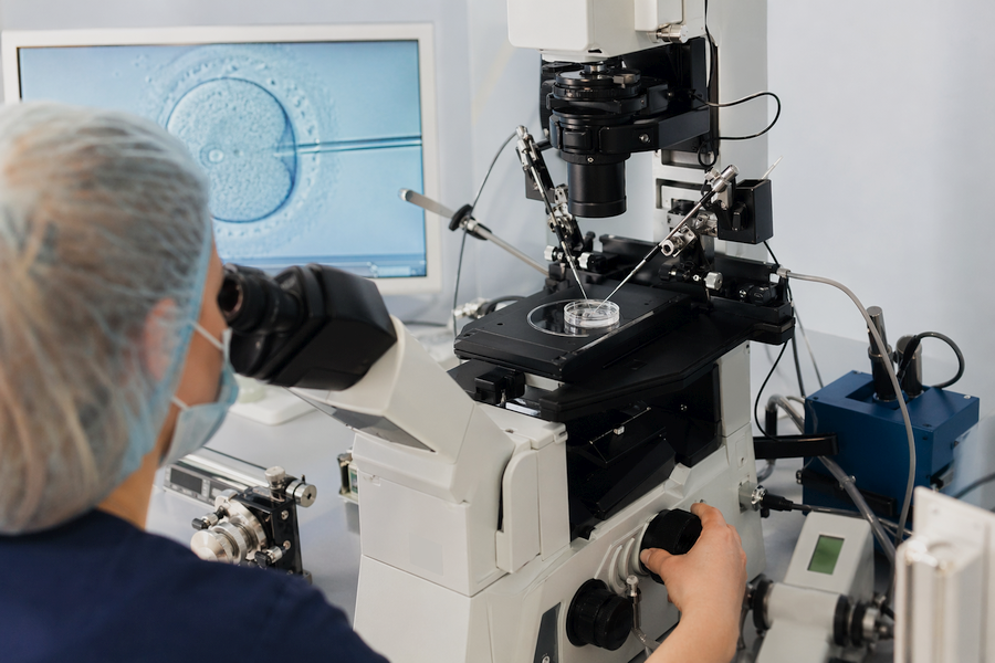 Laboratory embryologist using a microscope to perform IVF procedure with petri dishes and micromanipulation tools, illustrating assisted reproductive technologies like ICSI and IVF in a clinical fertility lab setting.