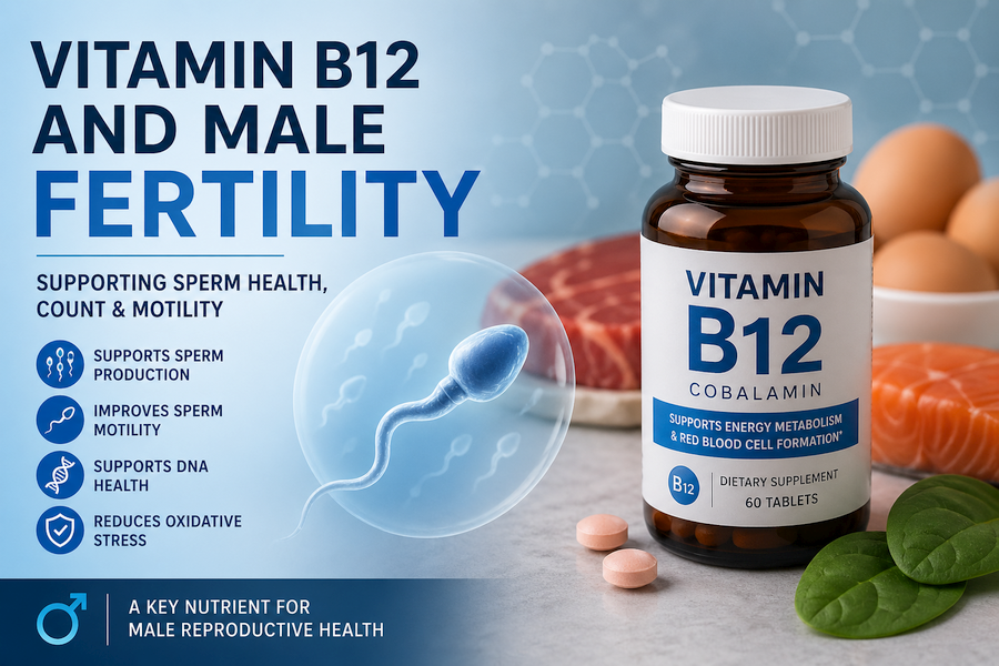 Professional medical infographic showing a Vitamin B12 supplement bottle alongside foods like eggs, salmon, and spinach, with a sperm illustration highlighting benefits for male fertility, including improved sperm count, motility, and DNA health.
