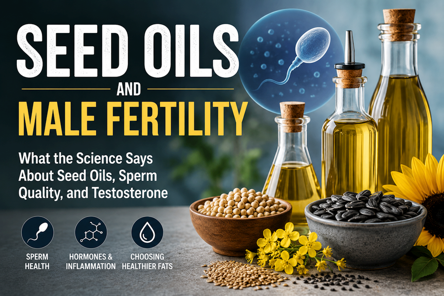 **Alt Text:** Professional featured image for an article about seed oils and male fertility, showing bottles of cooking oil, sunflower and soybean seeds, and a sperm cell illustration beside bold text discussing sperm health, testosterone, and fertility.