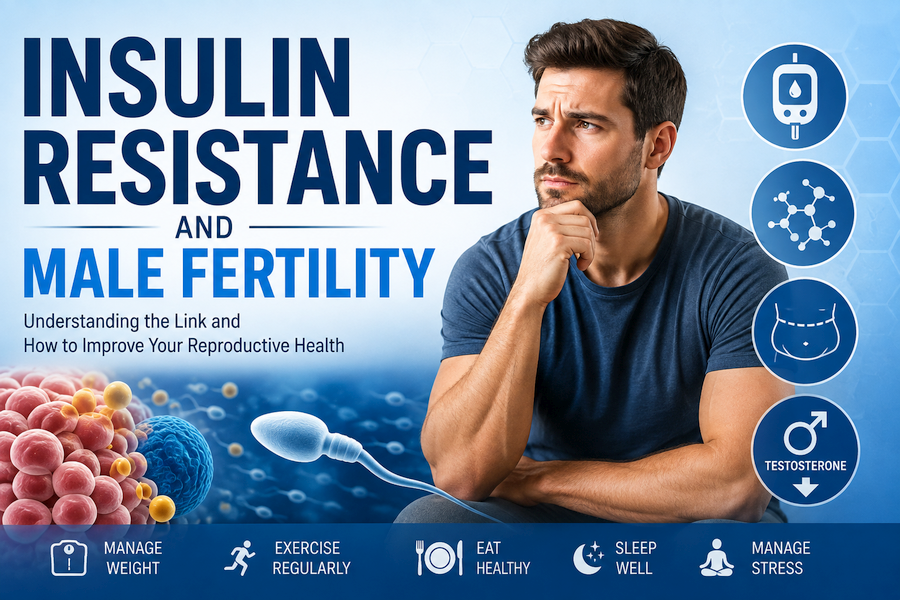 **Alt text:** Illustration of a thoughtful man beside medical graphics representing insulin resistance, blood sugar, abdominal obesity, testosterone, and sperm cells, highlighting the connection between insulin resistance and male fertility, along with healthy lifestyle habits such as exercise, nutritious eating, quality sleep, weight management, and stress reduction.