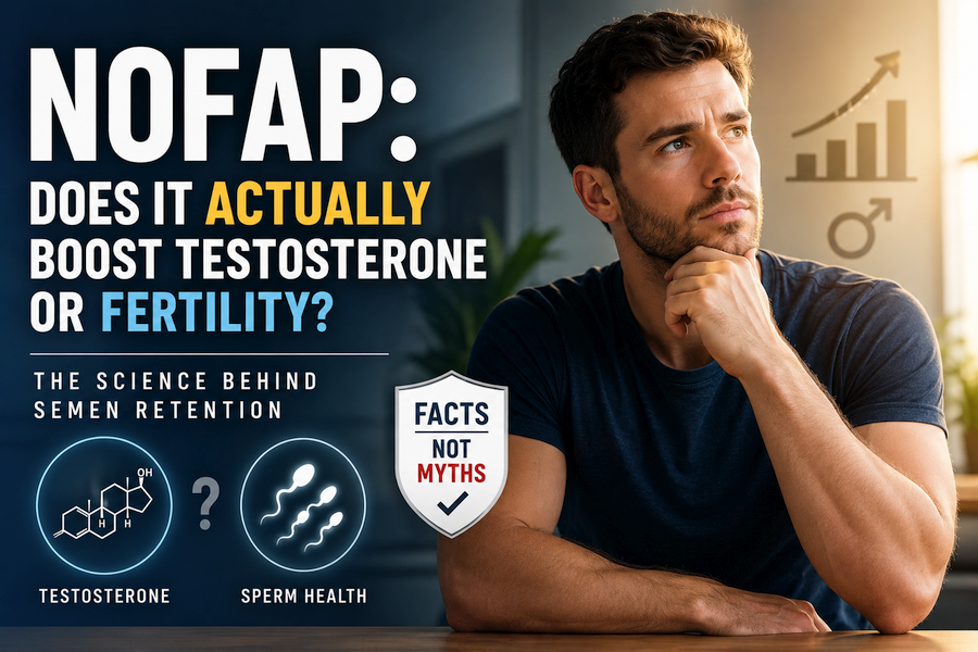 Thoughtful young man sitting with his hand on his chin beside the headline "NoFap: Does It Actually Boost Testosterone or Fertility?" with testosterone and sperm health icons, illustrating an evidence-based look at whether semen retention affects hormones and male fertility.
